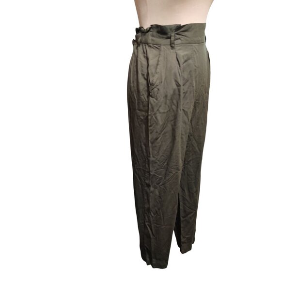 H&M Olive High Waist Paperbag Pants Relaxed Tapered Pleated Street Style Work - Picture 2 of 8